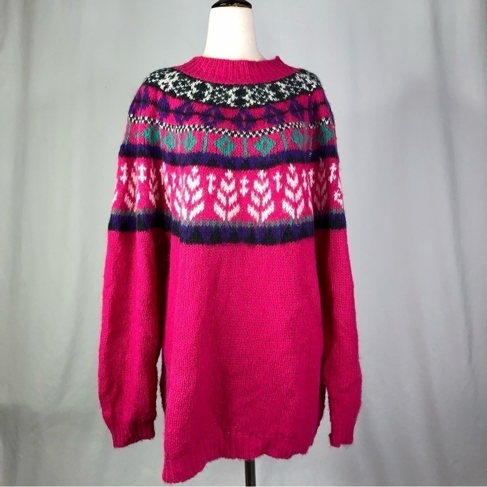 VINTAGE Venezia bright pink fair isle sweater faux mohair 1980s 18/20